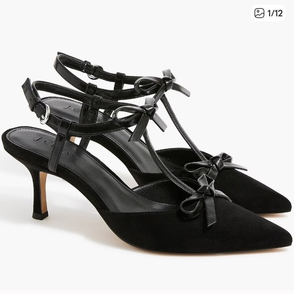 J. Crew Black Pointed Toe Heels with Bows - Picture 1 of 8